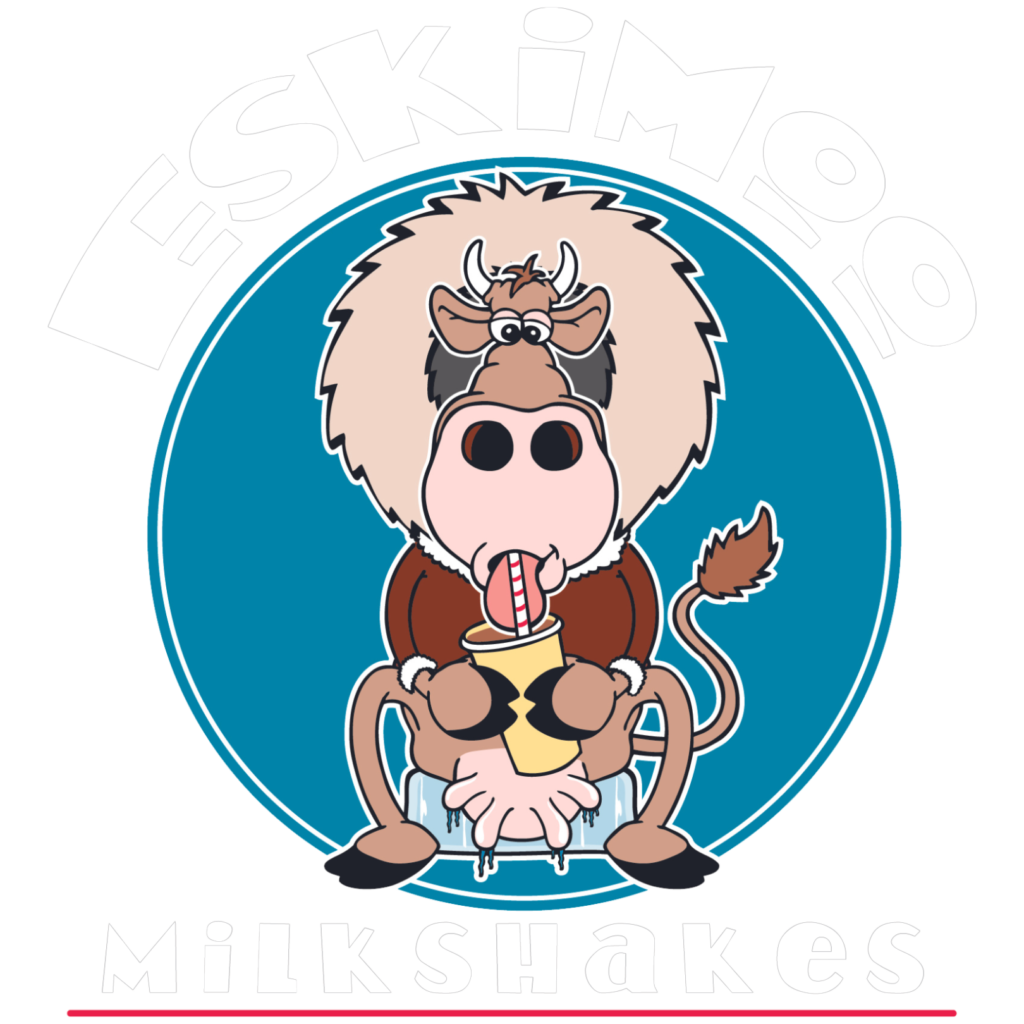 Eskimoo logo including 'Eskimoo Milkshakes' as surrounding text - a cartoon cow in a large hooded coat sat on an ice cube drinking a milkshake