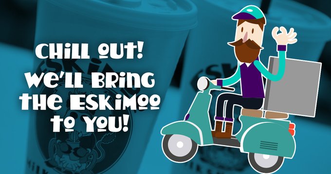 A cartoon man on a delivery bike. The text reads: "Chill out! We'll bring the Eskimoo to you!"